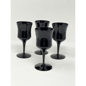 AMERICAN MANOR Ebony Black Vintage MCM Crystal Wine Glass Goblet 5.75” set Of 4
